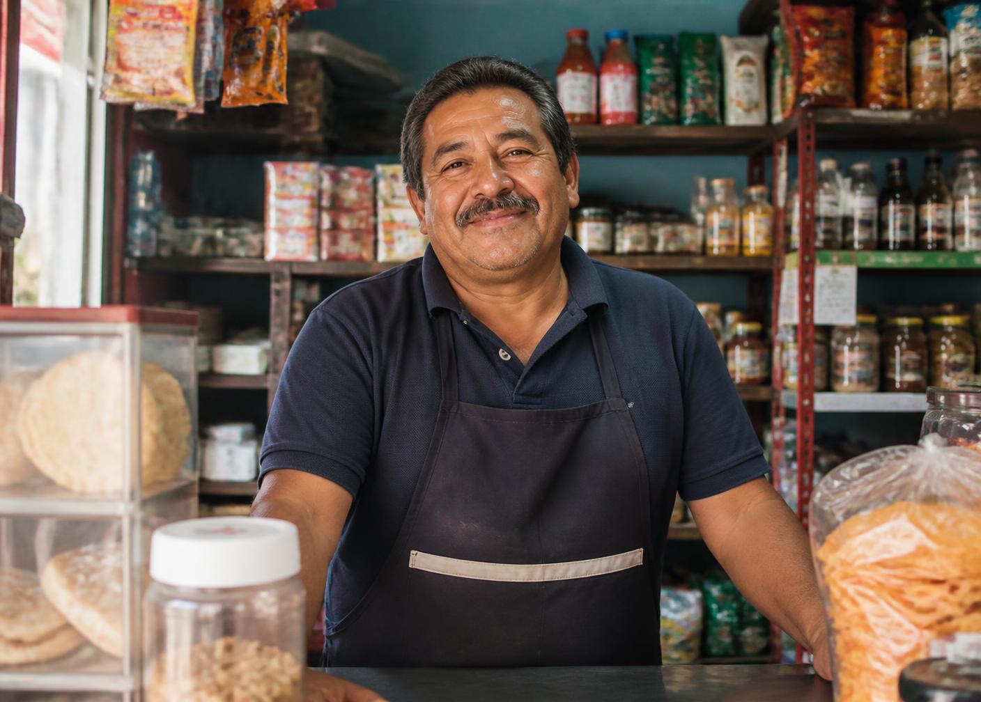 Don Beto sonriendo detrás del mostrador de su tiendita de abarrotes
